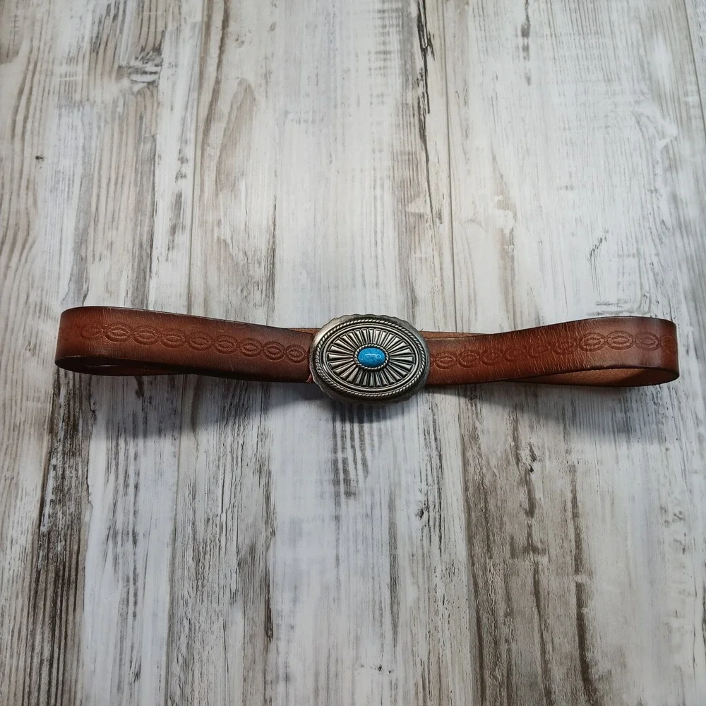American Eagle Brown Leather Western Belt Turquoise Sunburst Buckle Small